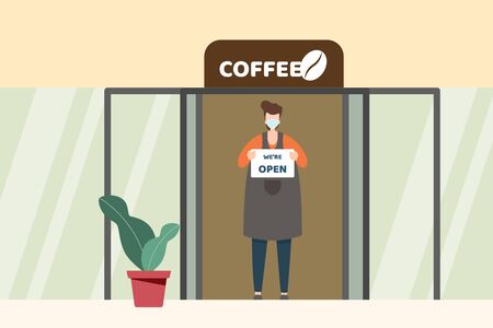 Entrepreneur of coffee shop wearing face mask protect for covid-19 coronavirus holding label text "WE'RE OPEN, PLEASE WEARING MASK" take away order only. vector illustration.のイラスト素材