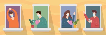 Man and Woman wearing face mask standing at windows condominium while looking outside for quarantine. People stay home as social distancing to protect from COVID-19 Coronavirus outbreak. vector.のイラスト素材