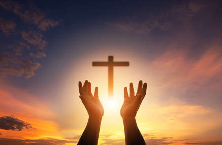 Human hands open palm up worship. Eucharist Therapy Bless God Helping Repent Catholic Easter Lent Mind Pray. Christian Religion concept background. fighting and victory for godの写真素材