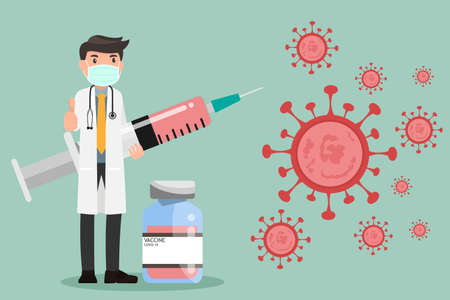 Doctor holding a syringe with COVID-19 virus vaccine. Coronavirus vaccine shot for diseases outbreak vaccination, medicine and drug concept.Discovery of the vaccine against COVID-19.のイラスト素材