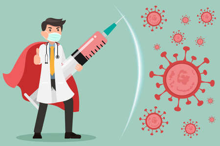 Doctor superhero holding a syringe with COVID-19 vaccine. Doctor be Superheroes to Fight Against Covid-19, Coronavirus Disease, Health Care and Safety, Discovery of the vaccine against coronavirusのイラスト素材