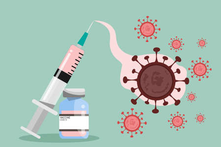 a syringe with COVID-19 virus vaccine. Coronavirus vaccine shot for diseases outbreak vaccination, medicine and drug concept.Discovery of the vaccine against COVID-19.のイラスト素材