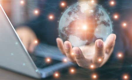 Hand holding virtual Global holography and virtual icon connecting metaverse. Digital technology and...