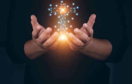 Human hands open palm up worship. Eucharist Therapy Bless God Helping Repent Catholic Easter Lent Mind Pray. Christian Religion concept. fighting and victory for god, Virtual illustration a cross.の写真素材