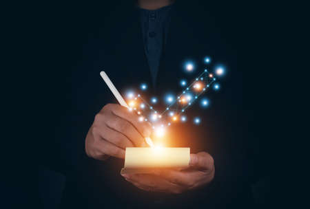 Man note on pocket book for review satisfaction feedback survey. Evaluate quality of service, Customer Feedback, Customer give rating to service on online application.の写真素材