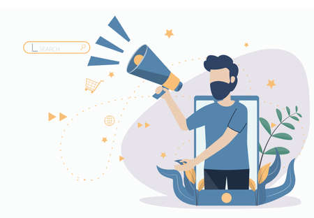 Business promotion on the Internet for a web page, advertising, Promotion and marketing. Influencer marketing. Communication business or digital customer research process strategy illustration.のイラスト素材