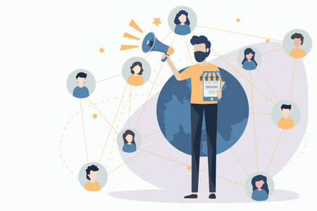 Business promotion on the Internet for a web page, advertising, Promotion and marketing. Influencer marketing. Communication business or digital customer research process strategy illustration.のイラスト素材