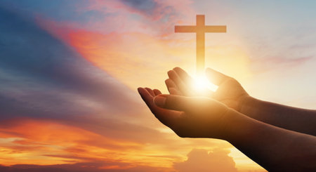 Human hands open palm up worship. Eucharist Therapy Bless God Helping Repent Catholic Easter Lent Mind Pray. Christian Religion concept background. fighting and victory for godの写真素材