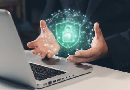 Businessman secures data with encryption and network security, protecting transactions....