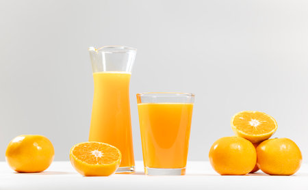 Orange juice with orange sacs and slices fruits on white background.の写真素材
