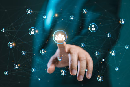 Human resources (HR) management, recruitment, employment, and headhunting concept. Social network interface businessman touch button sign. Human resource concept. Teamwork solution network.の写真素材