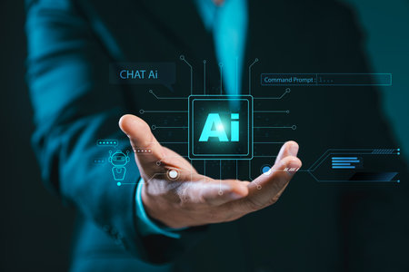 Humans are using technology, smart robot AI circuit boards, and entering a command prompt to generate something: futuristic technology. Business people working with artificial intelligence.の写真素材