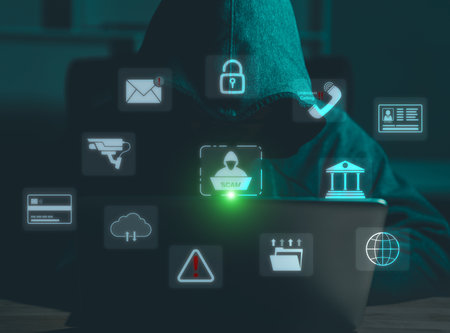Hacker, Scam alert warning with cybersecurity icons. Businessman being deceived the internet to steal personal information. Warning sign with icons representing online threats, phishing, cybersecurityの写真素材