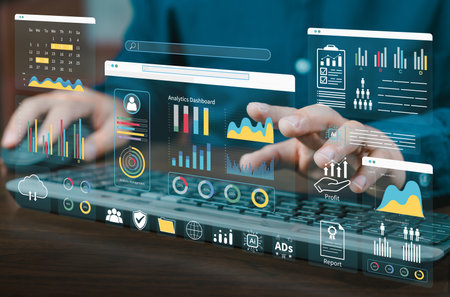 Data science technology and digital marketing. Financial business KPI System data analytics graph dashboard. Analyst uses a computer and dashboard for data business analysis and Data Management Systemの写真素材