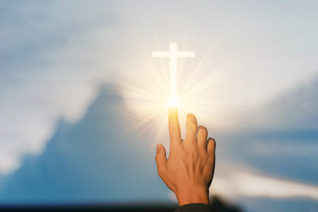 Human hands open palm up worship. Eucharist Therapy Bless God Helping Repent Catholic Easter Lent Mind Pray. Christian Religion concept background. fighting and victory for godの写真素材