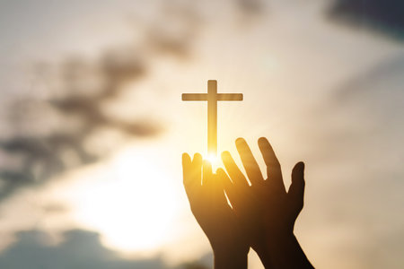 Human hands open palm up worship. Eucharist Therapy Bless God Helping Repent Catholic Easter Lent Mind Pray. Christian Religion concept background. fighting and victory for godの写真素材