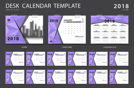 Desk calendar 2018 template. Set of 12 Months. Planner. Week starts on Sunday. Stationery design. advertisement. Vector layout.のイラスト素材