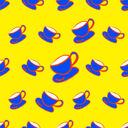 cup seamless pattern vector illustration for  for fabric, cloth, package, wall, decoration, furniture, printing media. Blue and yellow color background design. Coffee cup icon.のイラスト素材