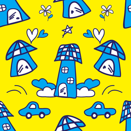 Houses and buildings seamless pattern vector illustration for for fabric, cloth, package, wall, decoration, furniture, printing media. Blue and Yellow color background design. houses and buildings icon.のイラスト素材