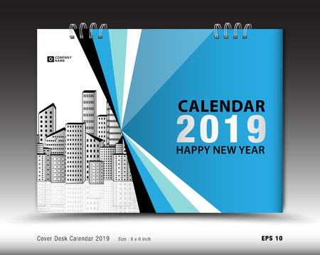 Cover Desk Calendar for 2019 year template vector, book cover layout, annual report, magazine ads, Business brochure flyer, poster, leaflet, booklet, newspaper, blue abstract backroundのイラスト素材