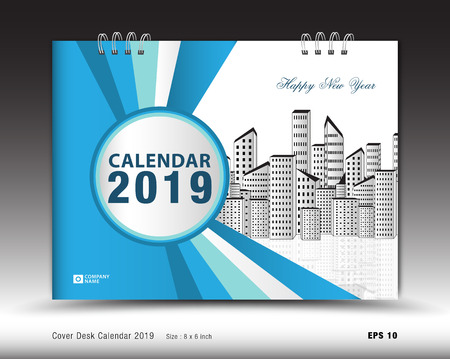 Cover Desk Calendar for 2019 year template vector, book cover layout, annual report, magazine ads, Business brochure flyer, poster, leaflet, booklet, newspaper, blue abstract backroundのイラスト素材