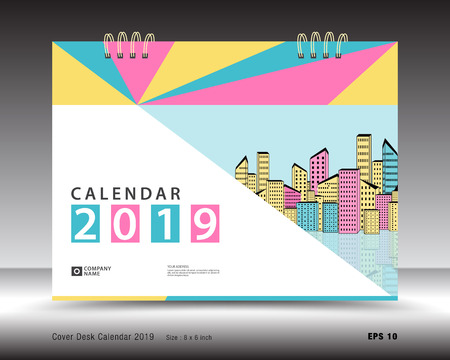 Cover Desk Calendar for 2019 year template vector, book cover layout, annual report, magazine ads, Business brochure flyer, poster, leaflet, booklet, newspaper, minimal backroundのイラスト素材