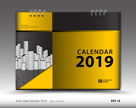 Cover Desk Calendar for 2019 year template vector, book cover layout, annual report, magazine ads, Business brochure flyer, poster, leaflet, booklet, newspaper, Yellow abstract backroundのイラスト素材