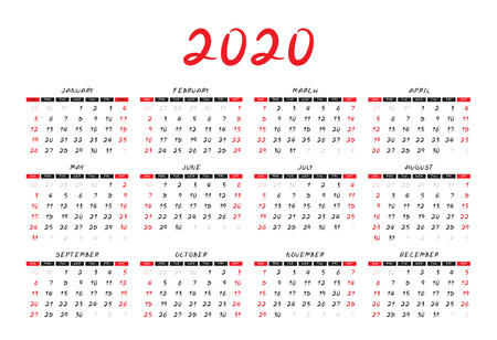 Calendar 2020 template layout, red Concept, business brochure flyer, print media, advertisement, Simple design template, creative vector illustrationのイラスト素材