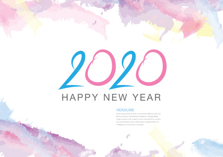 2020 text design and colorful brushstroke, Collection of Happy New Year and happy holidays, Calendar 2020 cover template, Banner design, Magazine page, flyer, vector illustrationのイラスト素材