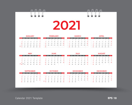 Calendar 2021 template layout, 12 months yearly calendar set in 2021, red background, business brochure flyer, print media, advertisement, Simple design template, vector illustrationのイラスト素材