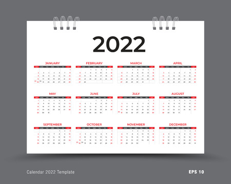 Calendar 2022 template layout, 12 months yearly calendar set in 2022, red background, business brochure flyer, print media, advertisement, Simple design template, vector illustrationのイラスト素材