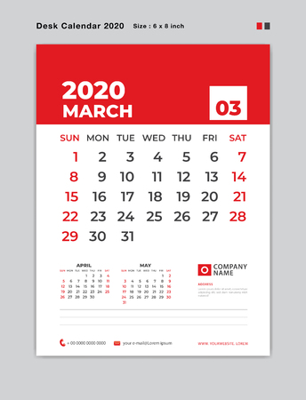 March 2020 year template, Desk Calendar for 2020 year, week start on sunday, planner, stationery, red Concept, vertical layout vector, business printing designのイラスト素材