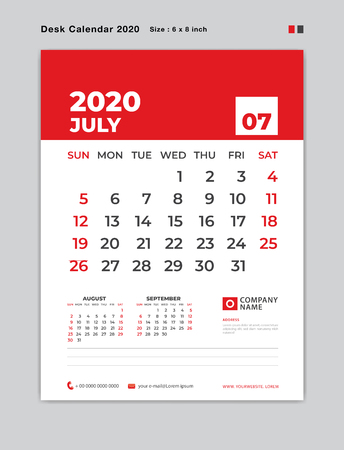 JULY 2020 year template, Desk Calendar for 2020 year, week start on sunday, planner, stationery, red Concept, vertical layout vector, business printing designのイラスト素材
