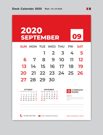 SEPTEMBER 2020 year template, Desk Calendar for 2020 year, week start on sunday, planner, stationery, red Concept, vertical layout vector, business printing designのイラスト素材