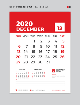 DECEMBER 2020 year template, Desk Calendar for 2020 year, week start on sunday, planner, stationery, red Concept, vertical layout vector, business printing designのイラスト素材