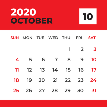 OCTOBER 2020 template, Desk Calendar for 2020 year, week start on sunday, planner design, stationery, Calendar layout vector, business printingのイラスト素材