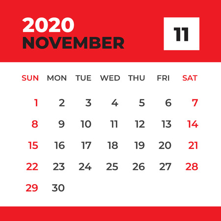 NOVEMBER 2020 template, Desk Calendar for 2020 year, week start on sunday, planner design, stationery, Calendar layout vector, business printingのイラスト素材