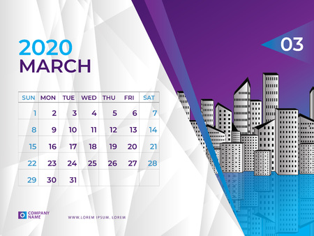 MARCH 2020 Calendar template, Desk calendar layout  Size 8 x 6 inch, planner design, week starts on sunday, stationery design, vectorのイラスト素材