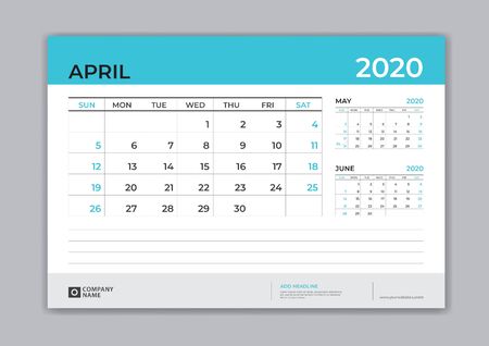 APRIL 2020 template, Desk Calendar for 2020 year, week start on sunday, planner design, stationery, business printing, vectorのイラスト素材