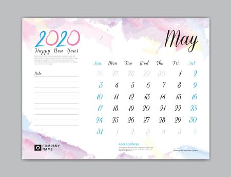 Desk Calendar for 2020 year, May 2020 template, week start on sunday, planner design, stationery, business printing, watercolor backgroundのイラスト素材
