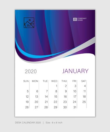 January 2020 template, Desk Calendar for 2020 year, week start on sunday, planner design, stationery, business printing, vertical vector eps10, purple abstract backgroundのイラスト素材