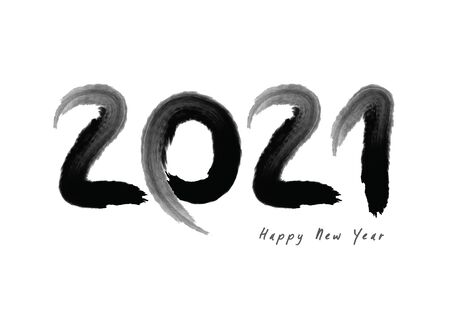 2021 text design Black color, Collection of Happy New Year and happy holidays, lettering design element, handwritten isolated on white background. Calendar 2020のイラスト素材