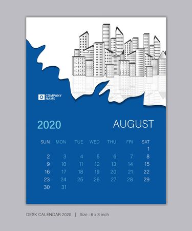 Calendar 2020 template, AUGUST, Desk Calendar for 2020 year, week start on sunday, planner design, wall calendar, Poster, flyer, stationery, printing, vertical page, Blue abstract backgroundのイラスト素材