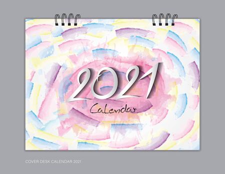 Cover Desk Calendar 2021 year template, book cover design, brochure, flyer, advertisement. 2021 text design on colorful watercolor background, corporate design, vector illustrationのイラスト素材