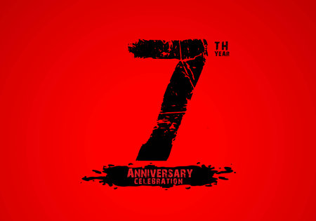 7 years anniversary celebration logotype on red background, 7th birthday logo, 7 number, anniversary year banner, anniversary design elements for invitation card and poster. number design vectorのイラスト素材