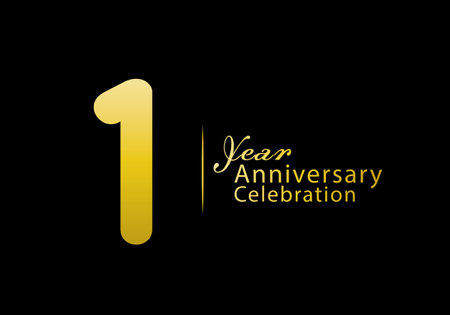 1 years anniversary celebration logotype gold color vector, 1st birthday logo, 1 number, anniversary year banner, anniversary design elements for invitation card and poster. number design vectorのイラスト素材