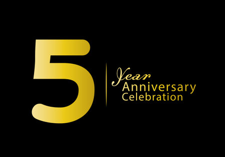 5 years anniversary celebration logotype gold color vector, 5th birthday logo, 5 number, anniversary year banner, anniversary design elements for invitation card and poster. number design vectorのイラスト素材