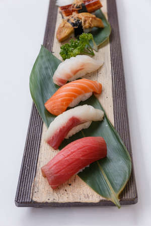 Sushi Set : Maguro (Bluefin Tuna), Hamachi (Yellowtail), Salmon, Tai (Red Seabeam),の写真素材