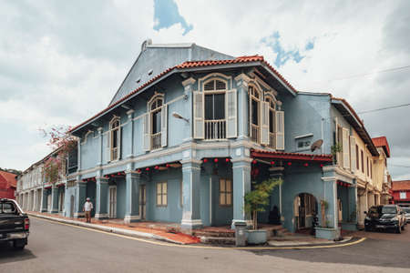Blue old colonial style building in Melaka City, Melaka, Malaysia.のeditorial素材