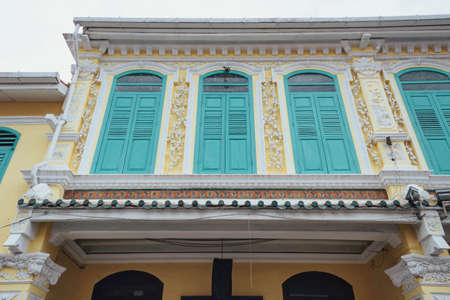 White and blue chinese colonial buildings decorated in Malacca City, Malacca, Malaysia.のeditorial素材
